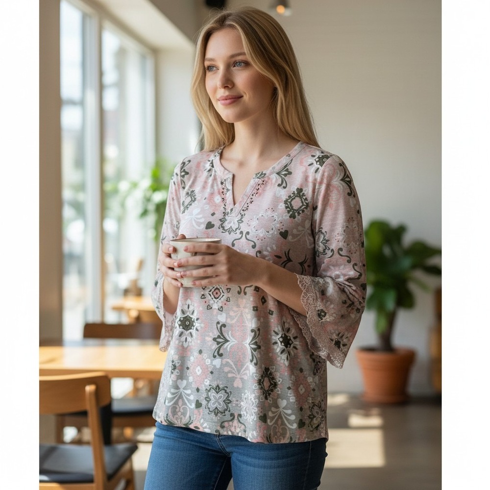 Allison Daley Petites Pink Floral Medallion Lace Bell Sleeve Top PM